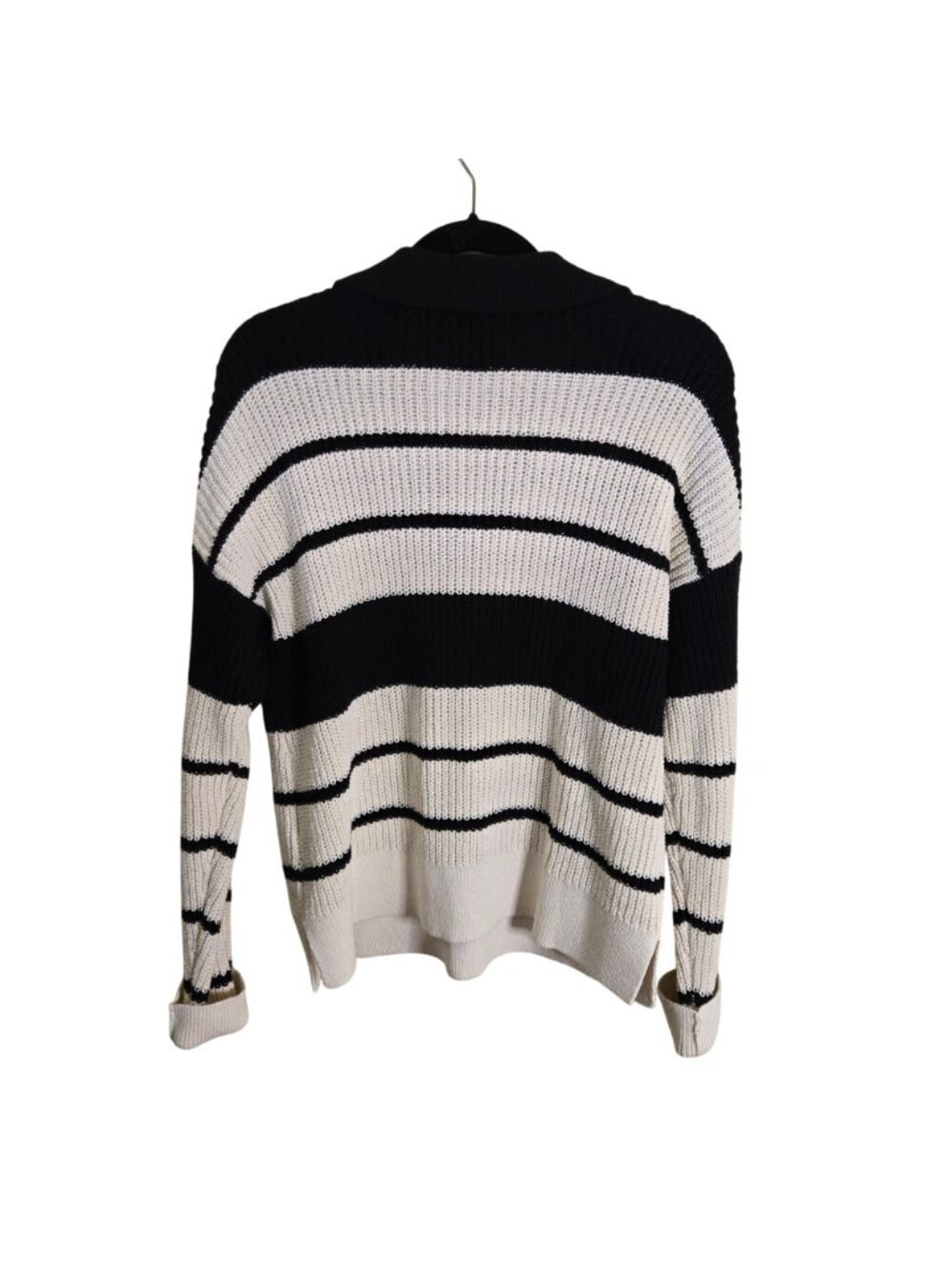 Lands' End Cotton Boucle Johnny Collar Shake Pullover Black Cream 2024 Size M - Picture 3 of 8